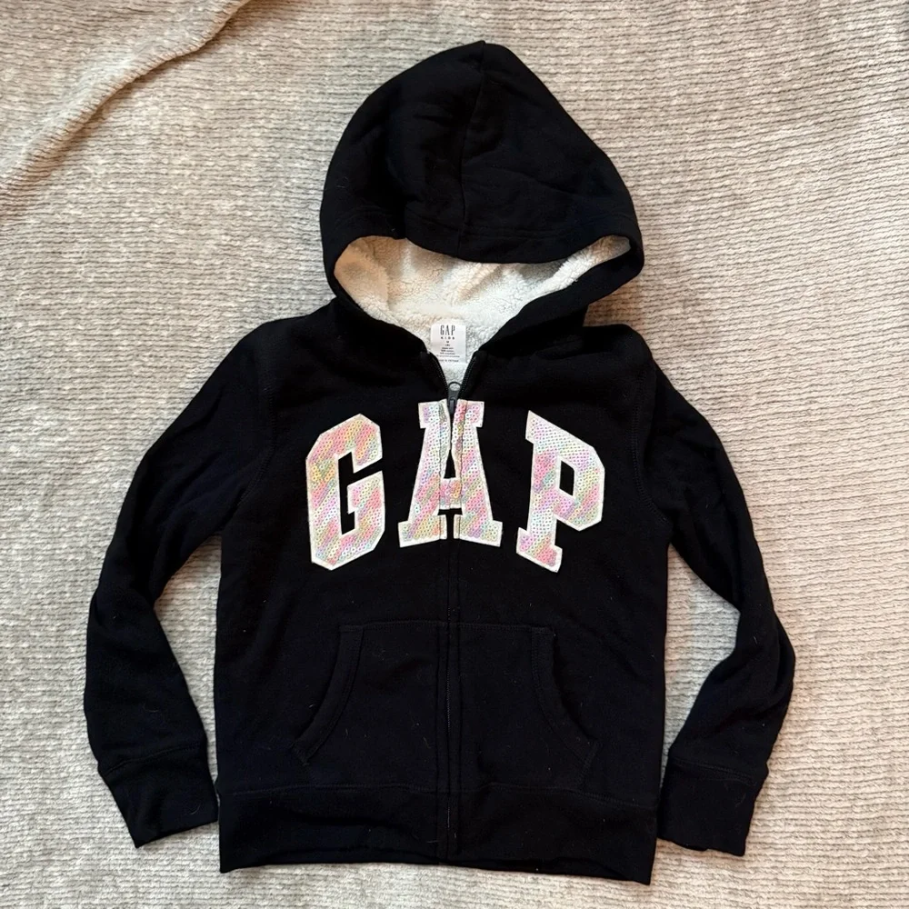 Gap Kids Sherpa-Lined Zip Hoodie Sweatshirt Size M (8)‎ Rainbow Pastel Sequins